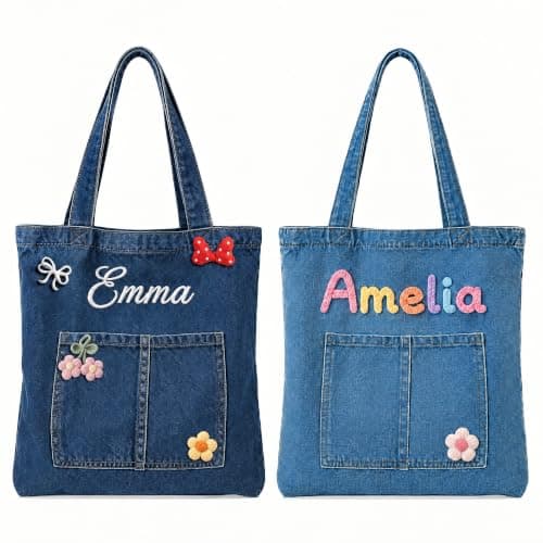 KEQHAULI Custom Denim Tote Bag for Women, Embroidered Name Shoulder Bag, Casual Jean Purse for Work, Daily Use, Gift for Her
