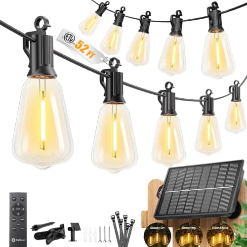 Brightown 52FT Solar String Lights Outdoor Waterproof, Last 30+ Hrs Runtime | 15+1 LED Bulbs, USB & Solar Powered, Remote Control & Dimmable Timer, Ideal for Backyard, Garden, Camping & Christmas Decor