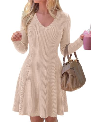 KIRUNDO Fall A Line V Neck Dresses for Women 2026(Apricot, Medium) | Long Sleeve Fit and Flare Cocktail Party Mini Dress, Soft Cozy Knitwear For Daily Casual, Winter Trendy Going Out Outfits