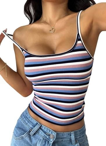 PRETTYGARDEN Women Summer Crop Tank Tops Striped Cami,Navy Blue,XL | Cute Sleeveless Spaghetti Strap Tanks,Sexy Ribbed Knit Y2K Clothes,Fall Fashion Camisole,Slim Beach Vacation Spring Shirts