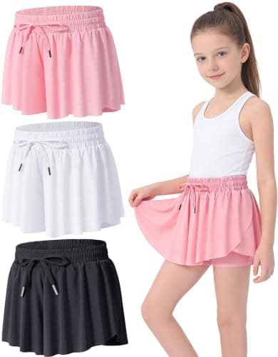 Yitoco 3 Pack Girl's Athletic Shorts Flowy Butterfly Skirt High Waist 2 in 1 with Pockets Spandex Liner for Teens Workout(3 Pairs, 6-7 Years, YOGS0001-B+W+LP-90)