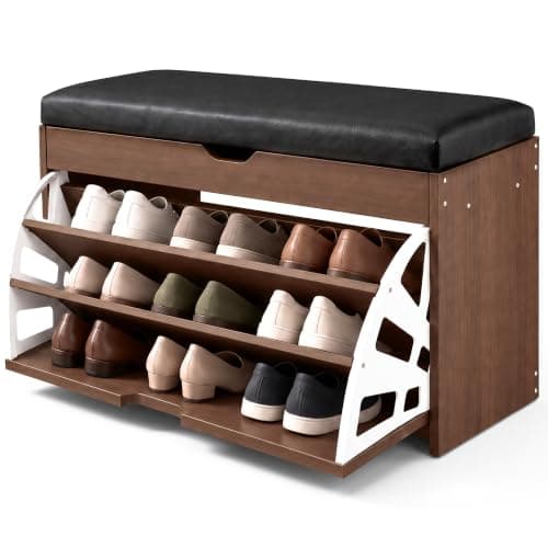 SOREUES Wood Shoe Storage Bench with Cushion, Flip-up Drawer Entryway | Modern Farmhouse Style, 400 lbs Solid Wood Frame, 12-Pair Rotating Storage, Waterproof & Easy Clean, Ready in 30 Minutes