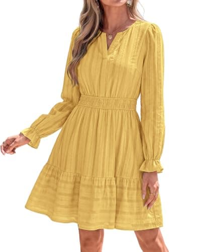 BTFBM Womens Fall Dresses 2026 Long Sleeve Casual Flowy Mini Cotton Dress | V Neck Puff Sleeve,Elastic Waist A Line Tiered Ruffle,Lightweight Cute Boho,Wedding Guest Dress,Early Fall Fashion Clothing