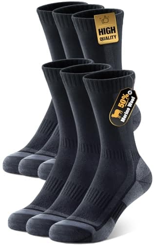 PULIOU Merino Wool Hiking Socks for Men & Women, 3 Pairs Cushioned Moisture Wicking Crew Socks, Breathable Lightweight Boot Socks for Hiking, Camping, Outdoor Activities - S