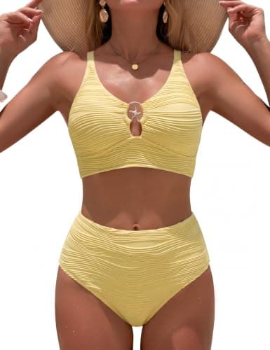 Wiepux Women High Waisted Bikini Set Textured Fabric Starfish Metal Ring | 2 Piece swimsuit, Cutout bathing suits, Tummy control swimwear, Modest bikini, Beach vacation, Cruise, Pool