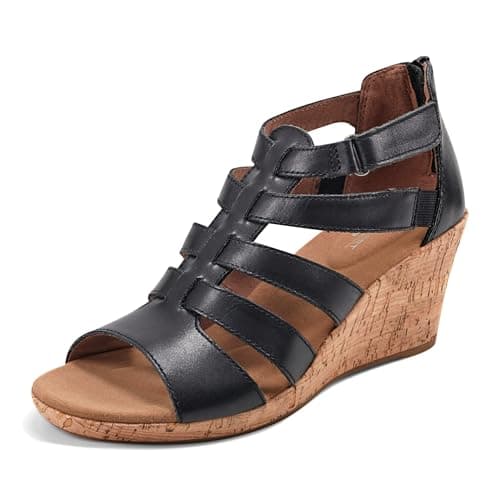 Rockport womens Briah Gladiator Wedge Sandal, Black Leather, 8 US
