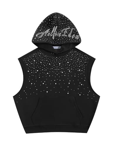 Aelfric Eden Rhinestone Sleeveless Hoodie Women Men Hooded Tank Top Summer Vest Tops Casual Streetwear Clothes with Pockets Black X-Large