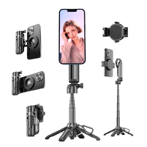 Magnetic Pocket Selfie Stick Compatible with MagSafe for iPhone | 4-in-1 multifunctional selfie stick with wireless remote; portable mini; great for live streaming, travel & outdoor shooting
