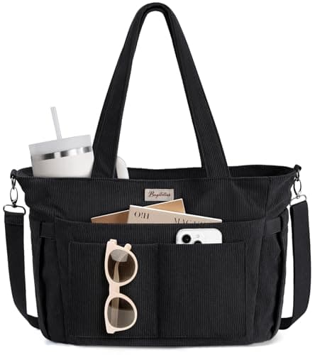 Bagstellar Corduroy Tote Bag for Women, 17 Pockets Laptop Work Tote Purse | Large 15.6” Computer Bag w/ 40oz Cup Holder & Strap, Zipper Teacher Nurse Bible Shoulder Bag for School Travel College Office