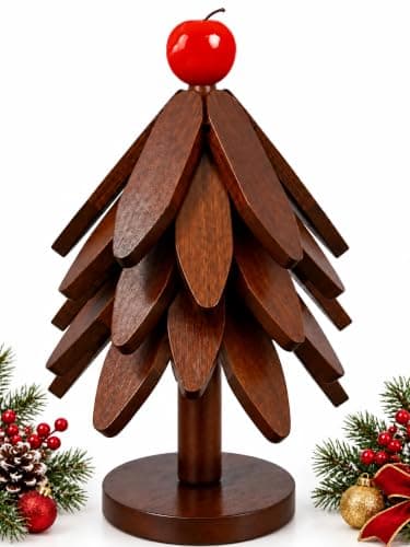 Christmas Tree Coasters Set of 5 with Stand Wooden Trivets for Hot Dishes, Foldable Heat-Resistant Trivet Set for Hot Pots, Pans, Kitchen Table Countertop Protector, Christmas Kitchen Home Decor Gift
