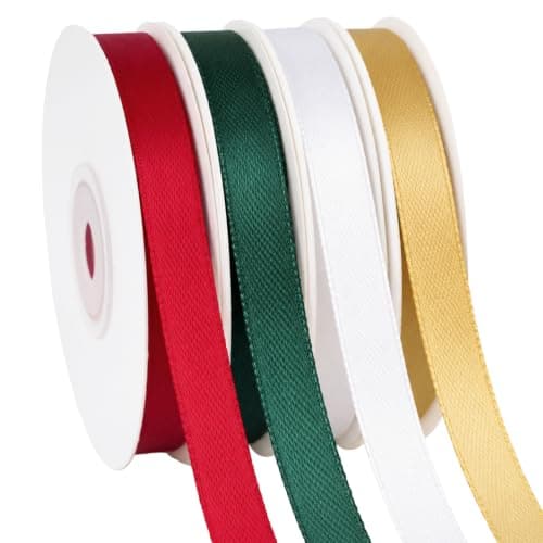 KINGLAKE Red/Green/White/Gold Satin Ribbon 3/8'' x 100 Yds Christmas Set | Assorted Fabric Ribbon for Gift Wrapping Crafts Flower Bouquet Bows Christmas Santa Theme Party Winter Decor(4 Rolls x 25 Yd)