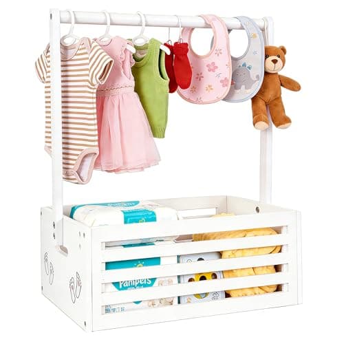 Barossfoe Large Baby Shower Crate Closet, Foldable Storage Organizer | 2-in-1 bamboo organizer with 16.02 x 11.02 x 6.3 in basket, 21.85 in overall height, and two clothes-bar positions