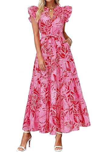 dowerme Women Summer Casual Ruffle Cap Sleeve Floral Belted Boho Maxi Dress | Fall Fashion A-line Flowy Tiered Long Dresses 2026,Cute V Neck Tie Waist Sundress with Pockets,Spring Beach Vacation Clothes