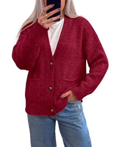 dowerme Women's Casual Button Down Chunky Cropped Cardigan,Wine Red,M | Long Sleeve Open Front Cardigans, Patch Pockets Baggy Fall Sweaters, Drop Shoulder Warm Winter Coats, Holiday Spring Outfits