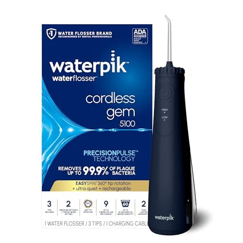 Waterpik Cordless Gem 5100 Portable Water Flosser, Rechargeable, White | 2 Settings, 3 Tips, Travel Mode & Bag, for Gums, Teeth, Braces, Implants, Shower Use, ADA Accepted, WF-27 Packaging May Vary