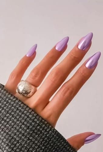 AzureBeauty Short Almond Press On Nails, Purple Chrome, 32 Pcs 16 Sizes | Reusable Press Ons Fake Nails Kit, Stick on Nails, 3-Week Wear, Natural Look, Salon Quality, Fall Winter Christmas Women Gift