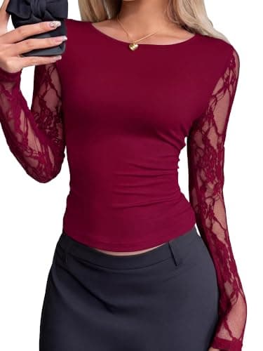 BTFBM Lace Long Sleeve Tops For Women Fall Clothes 2026 Casual Mesh Blouses | Crewneck, Lightweight, Slim Fitted, See Through Layering Top, Sexy Sheer Undershirt, Party Club Date Night Going Out Outfits