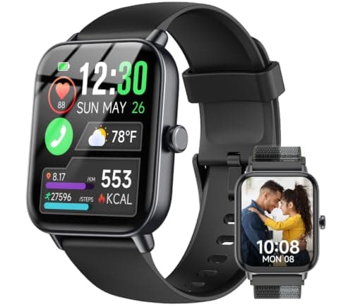 Quican Smart Watches for Men Women, Android/iPhone Compatible, Alexa Smartwatches, Fitness Watch with Calling, Heart Rate/Sleep Monitor, iP68 Waterproof, Gift for Men and Women, 2 Bands,1.85 Inches HD