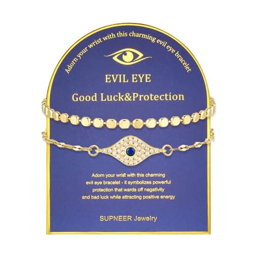 SUPNEER 18K Gold Evil Eye Bracelets for Women 5A Cubic Zirconia Blue Eye | Adjustable Link Bracelets Set, 2Pcs Protection, Jewelry Gift with Card for Mother's Day Christmas