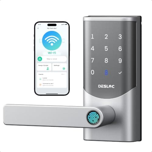 DESLOC K221 Fingerprint Smart Door Lock with Handle 16-Month Battery | Built-in WiFi, Keypad Door Lock with App Control, Auto Lock for Garage Entry Door, Front Door & Bedroom, Silver