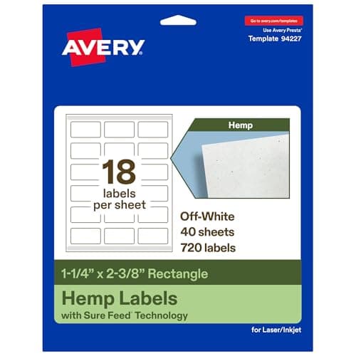 Avery® Printable Rectangle Hemp Labels, Sure Feed® Technology, 1-1/4" x 2-3/8", Off-White, Print-to-the-Edge, Laser & Inkjet Compatible, 720 Total, Great for Product Branding, Packaging, and More