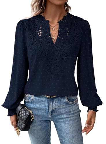 Falechay Long Sleeve Shirts for Women Boho Flowy Lace Floral V Neck Tops | Dressy Casual Blouses, Swiss Dot Crochet Flowers Neckline, Ruffle Smocked Cuffs, Elegant Classy Ladies Tunic, Trendy Clothes