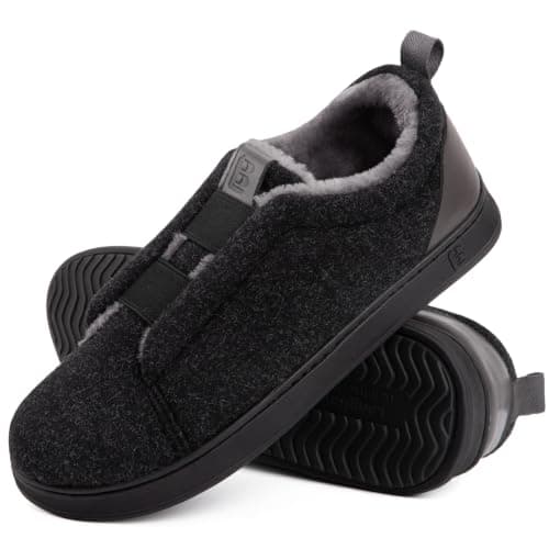 LongBay Men's Slippers Warm House Shoes Winter Indoor Outdoor Black US11-12 | Bedroom Home, Supportive Removable Insole, Sturdy Non-Slip Rubber Sole, Chic Elastic Gores, Fuzzy Soft Fleece Lining, Gifts