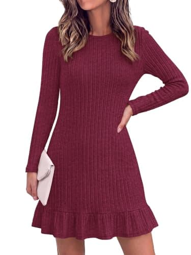 KIRUNDO Women's Long Sleeve Ribbed Knit Mini Sweater Dress, Burgundy, XXL | Cute Fall Dresses,Lightweight Comfy Stretch Knitted Winter Dress with Ruffle Hem,Church Work Holiday Dress to Wear With Boots