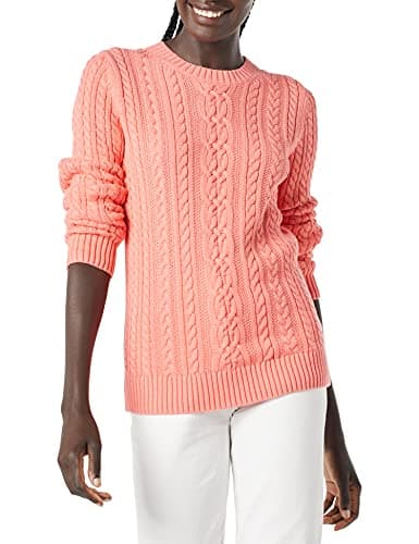 Amazon Essentials Women's Regular Fit Soft Cotton Cable Knit Ribbed Crewneck Sweater, Coral Pink, Medium