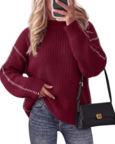 BTFBM Oversized Sweaters For Women Fall 2026 Contrast Chunky Knit Sweater | Mock Neck Drop shoulder Long Sleeve Tops, Loose Fit, Soft Cozy Knitwear, Casual Winter Clothing, Daily Going Out Outfits
