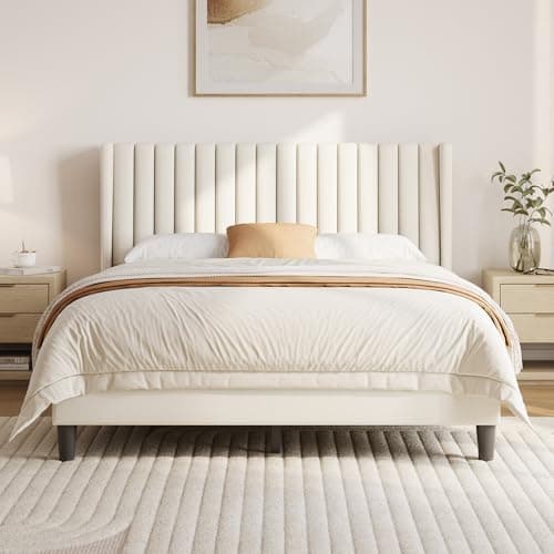 Yaheetech Queen Bed Frame with Headboard, Ivory Channel-Tufted Platform | Sturdy Wood Frame with Upholstered Linen Blend Fabric Provides Silent Support, Easy Assembly, 6" Under-Bed Storage Space