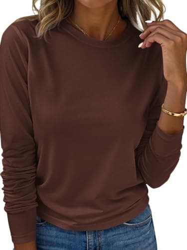 KIRUNDO Long Sleeve Shirts for Women Casual Knit Basic Tops,Brown,S | Lightweight Crewneck Plain T Shirts, Soft Stretchy Going Out Top, Work Office Outfits, 2026 Fall Winter Layering Clothes