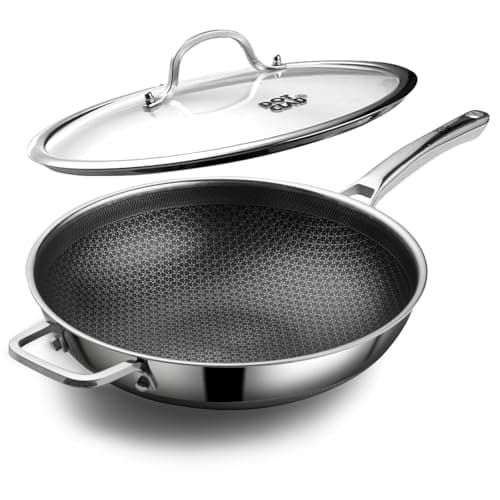 Wok Pan with Lid, 12 Inch Stainless Steel Nonstick Wok, Stir-Fry Pan | Snowflake Nonstick, Metal Utensil Safe, No Seasoning, Oven & Dishwasher Safe, PFOA-Free, Induction Compatible