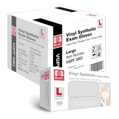 Basic Medical Clear Vinyl Exam Gloves, Latex-, Powder-Free, Case of 1,000, Large