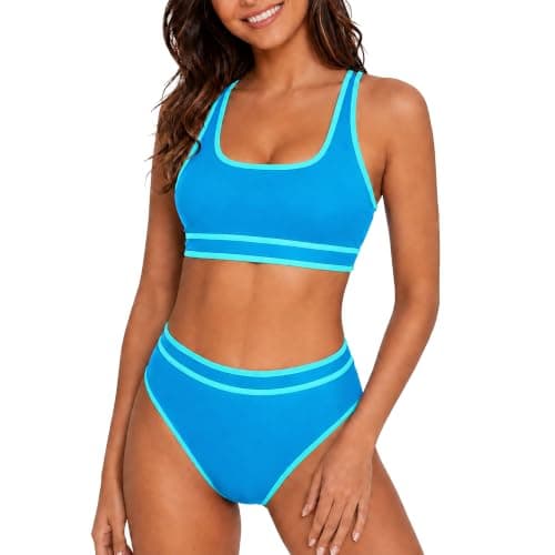 Women's High Waisted Bikini Set: Sporty Two Piece Swimsuits Color Block Tummy Control U Neck Top with Adjustable Straps