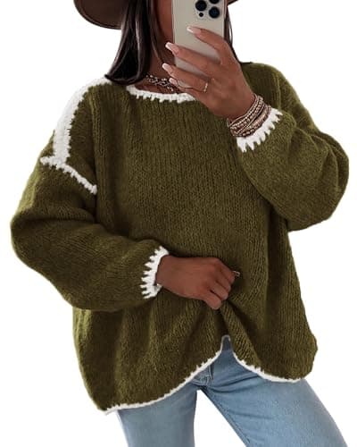 KIRUNDO Womens Sweaters 2026 Fall Oversized Chunky Knit(Army Green, S) | Long Sleeve Crew Neck, Casual Loose Contrast Stitching Knitted Pullover, Cute Cozy Sweaters, Trendy Winter Clothing, Holiday