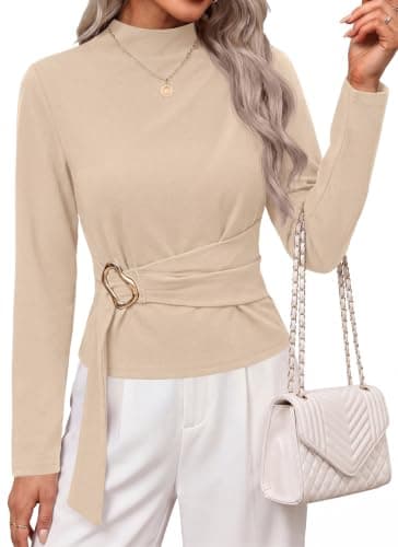 PRETTYGARDEN Women Long Sleeve Belted Business Casual Tops,Beige,L | Fall Dressy Mock Neck Work Shirts, Buckle Tie Front Going Out Tunic Top, Lightweight Office Blouses, Elegant Winter Clothing
