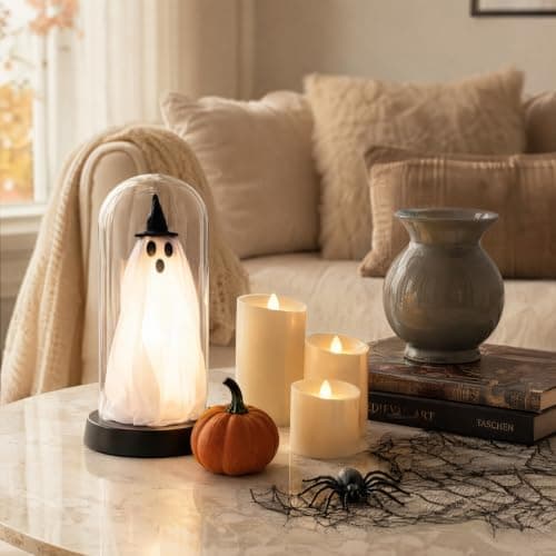 AIZXING Halloween Decorations-Halloween Decor Indoor-Light Up Ghost in Glass Cloche | Cute Ghost with Light for Home Kitchen Mantel Tabletop Party Decor and Holiday Decorations