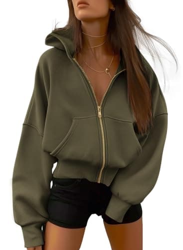 BTFBM Zip Up Hoodie Women Sweatshirt Fall Fashion Clothing,Army Green,S | Gold Zipper Cropped Hoodies, Fleece Lined Y2k Jacket, Long Sleeve Coats With Pockets, Ribbed Cuffs & Hem, Winter Outfits 2026