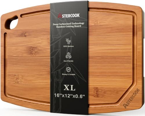 Astercook Large Bamboo Cutting Board for Kitchen | Natural Bamboo Cutting Board, 16 x 12 Inch, with Juice Groove and Handle for Kitchen Prep and Serving