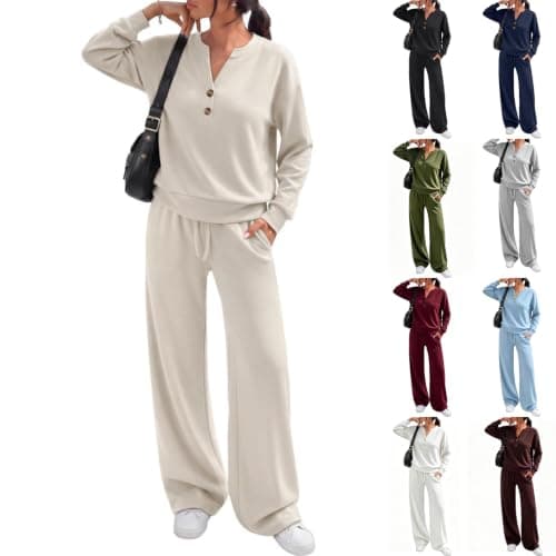 Gryvoilet Lounge Matching Set for Women 2 Piece Sets Fall Outfits Henley Neck Sweatshirt Wide Leg Sweatpants Airport Travel Two Piece Outfits Travel Vacation