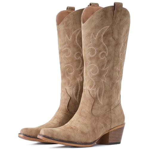 IUV Cowboy Boots For Women Western Cowgirl Classic Mid Calf Snip Toe Boot | Rich texture, refined embroidery, chunky heel, easy pull-on. Timeless western-modern, great for any occasions.