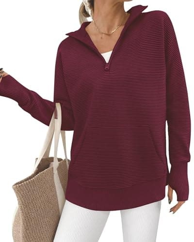 BTFBM Quarter Zip Sweaters For Women 2026 Casual Ribbed Knit Fall Outfits | Long Sleeve Tops, Pullover Sweater, Collared V Neck, Kangaroo Pocket, Thumb Hole, Loose, Christmas, Winter Fashion Clothing