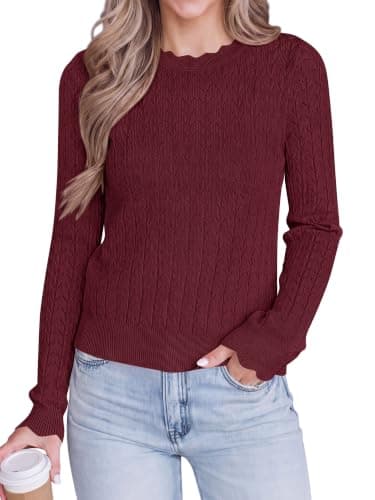 KIRUNDO Crochet Sweaters for Women Scalloped Cropped Sweater(Burgundy, M) | Fall Sweaters, Cute Long Sleeve Lightweight Sweaters for Women, Sheer Knit Crochet Pullover, Crewneck, Christmas, Winter Tops
