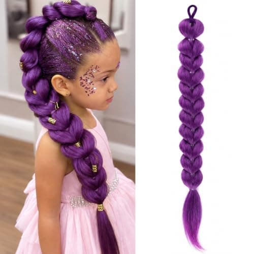 24 Inch Purple Braids Ponytail Hair Pre Braiding Hair with Tie Synthetic Purple Hair Extensions for Cosplay Costume Crazy Hair Day Ready-to-Wear Pre-Braided Ponytail
