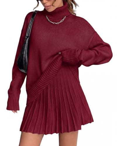 dowerme Women Fall 2 Piece Sweater Skirt Sets 2026,Burgundy,Small | Casual Turtleneck Drop Shoulder Pullover Sweaters,Pleated A-Line Mini Skirts,Cute Loose Fit Winter Clothing Vacation Outfits