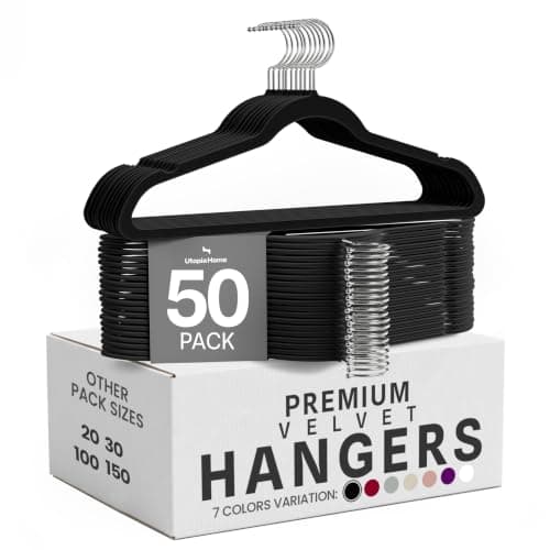 Utopia Home Velvet Hangers, Black, 50 Pack | Luxury Non-Slip Slim Pant & Coat Hangers | Strong Space-Saving Clothes Hangers | 360° Swivel Hook