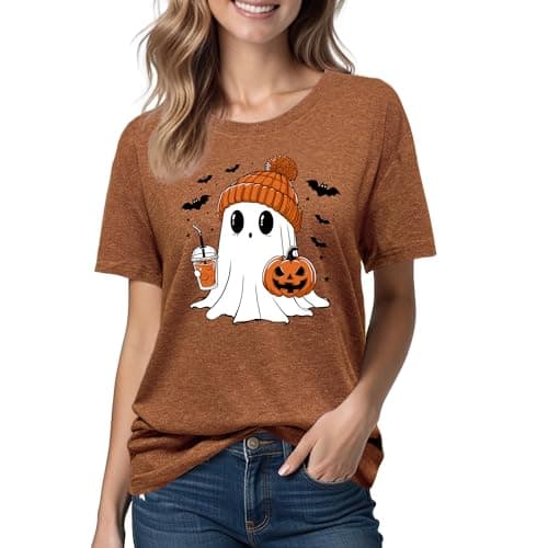 Halloween Shirts for Women: Pumpkin Ghost Short Sleeve Costume T-Shirt