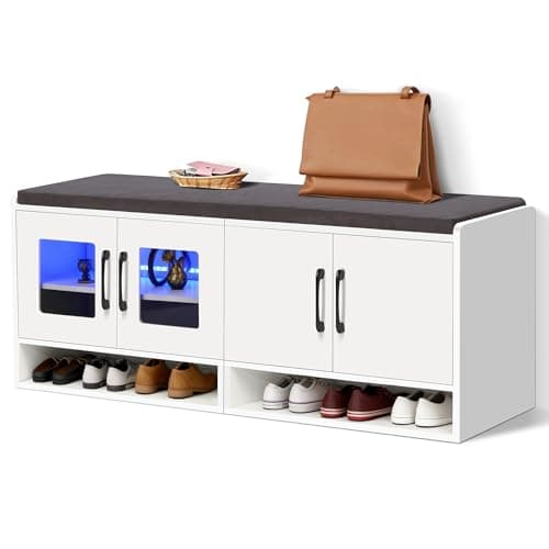 vellaniq Shoe Bench with Thickened Cushion,Entrance Bench with Glass Door and Ambient Light,Three-Layer Shoe Rack,Color Changing Light Strip, Two Large Storage Spaces,Living Room,Bedroom,White