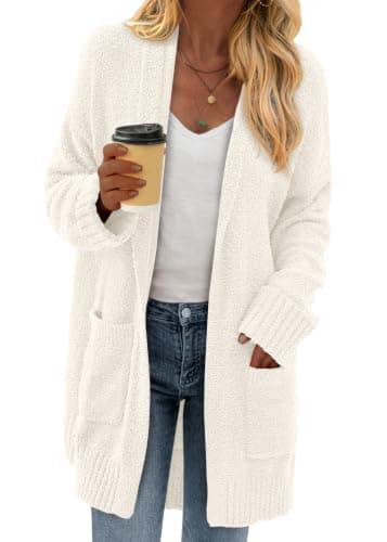 KIRUNDO Womens Long Chunky Fuzzy Knit Cardigan 2026 Fall(White, M) | Open Front Cardigan Sweater Coat, Long Sleeve Thick Warm Outerwear with Pockets, Soft Cozy Loose Casual Daily Winter Outfits